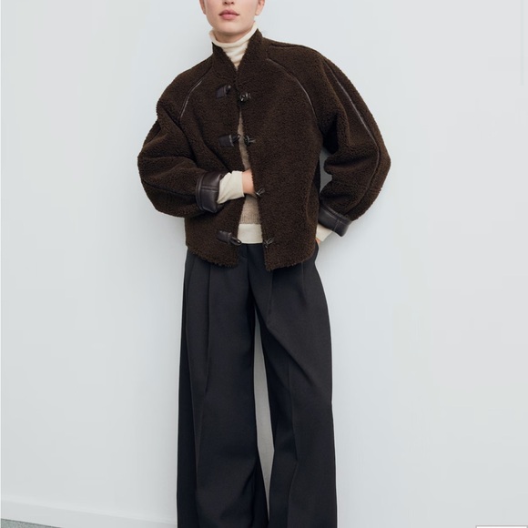 Mango Dark Brown Reversible Teddy/Leather Jacket for Women Medium - Picture 1 of 7